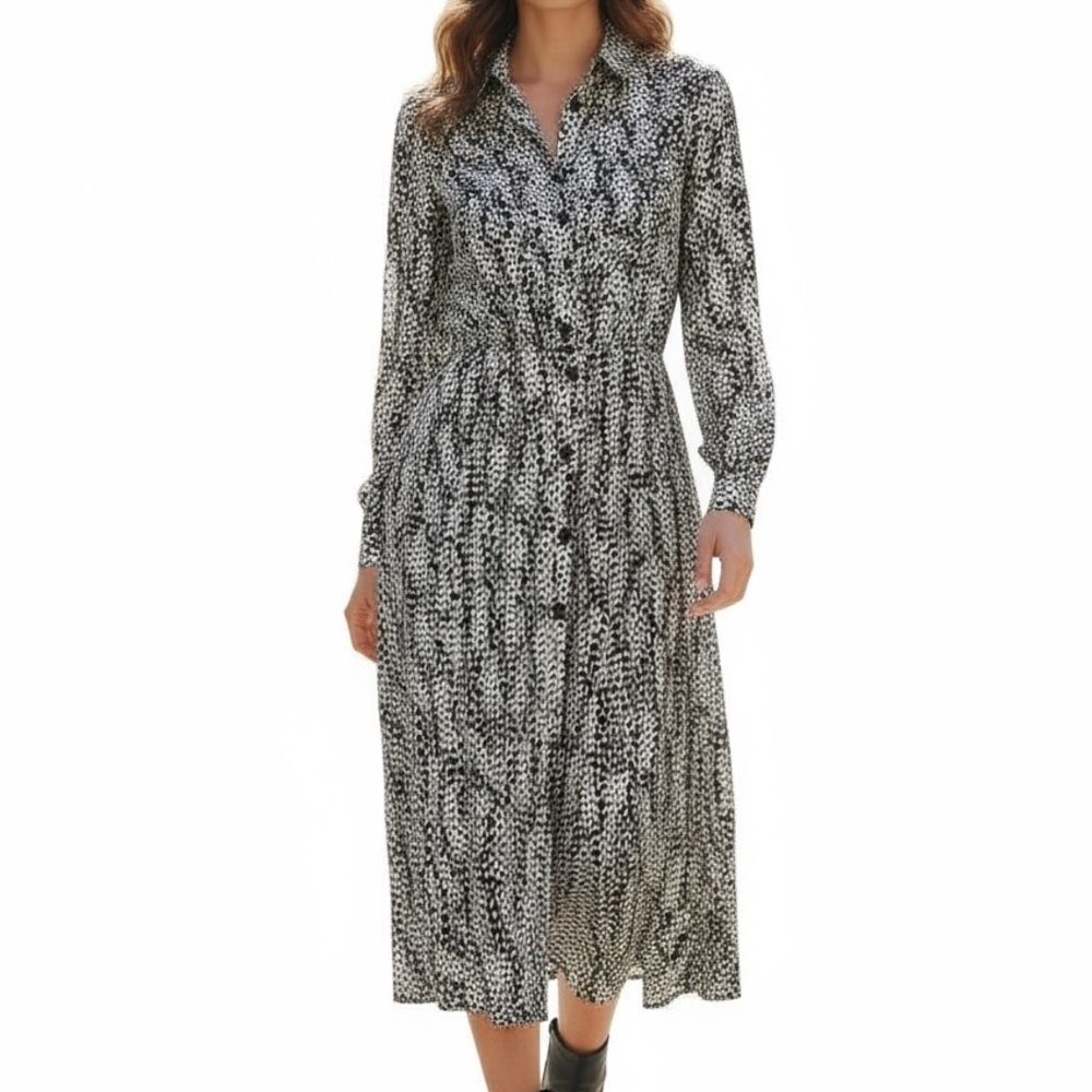 Who What Wear Womens Geo Black White Dress Long Midi Lined Button Collar XS